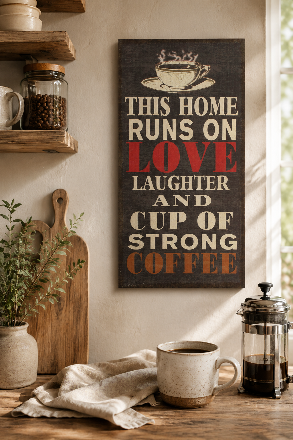 Stenska slika na lanenem platnu z napisom This Home Runs On Love Laughter And Strong Coffee za kuhinjo ali kavni kotiček