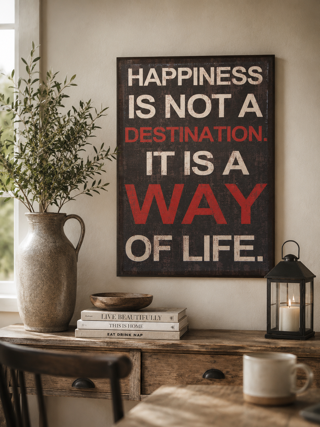 Stenska slika na lanenem platnu 50 x 70 cm z napisom "Happiness Is Not A Destination. It Is A Way Of Life." v vintage temnem dizajnu z rdečimi poudarki.