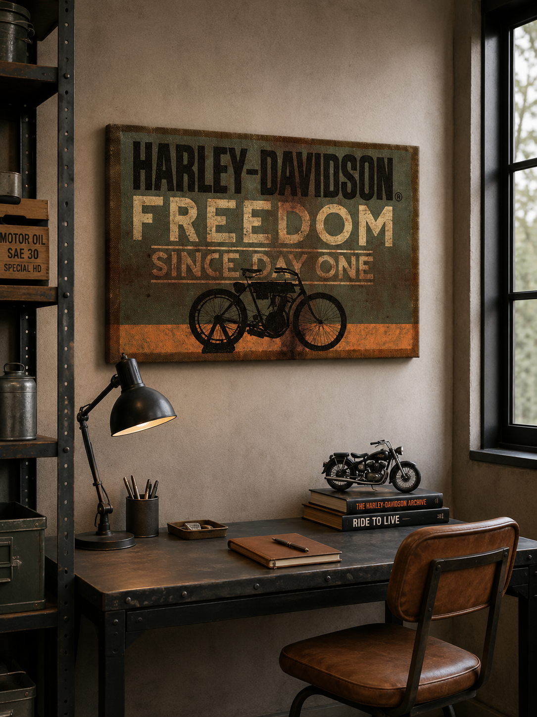 Stenska dekoracija Harley-Davidson Freedom Since Day One na lanenem platnu 50 × 70 cm z vintage motivom motocikla.