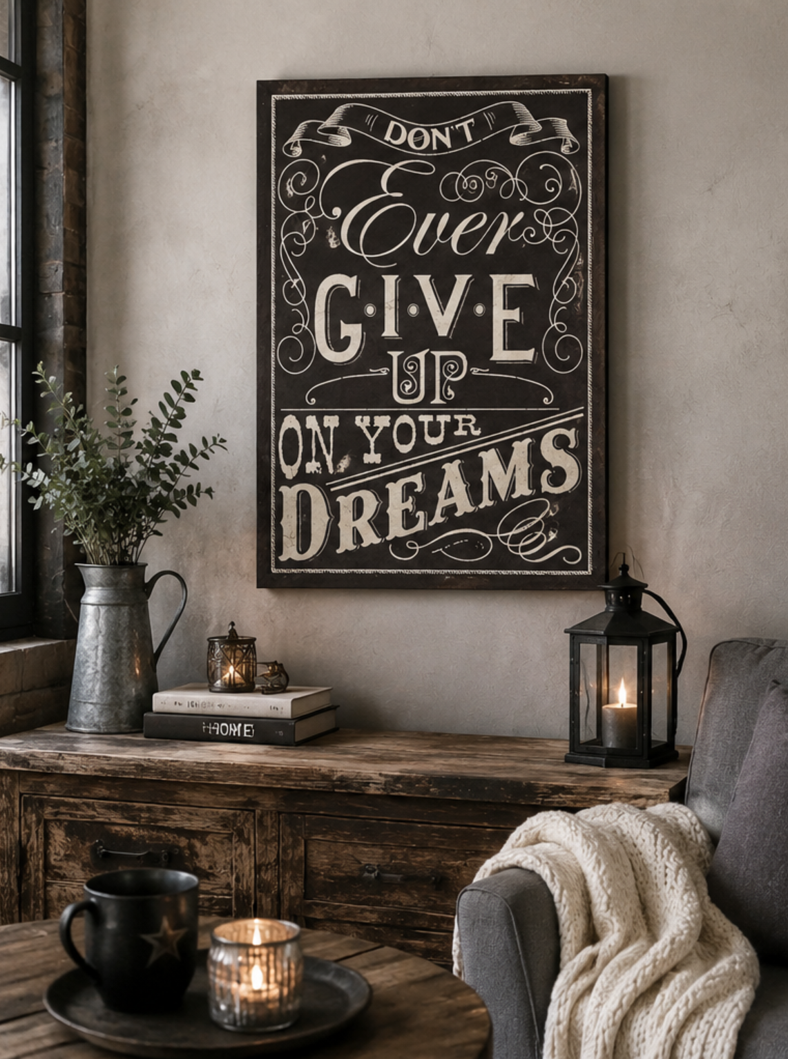 Dekorativno laneno platno z napisom "Don't Ever Give Up On Your Dreams", vintage videz, lesena podkonstrukcija, dimenzije 50 x 70 cm.